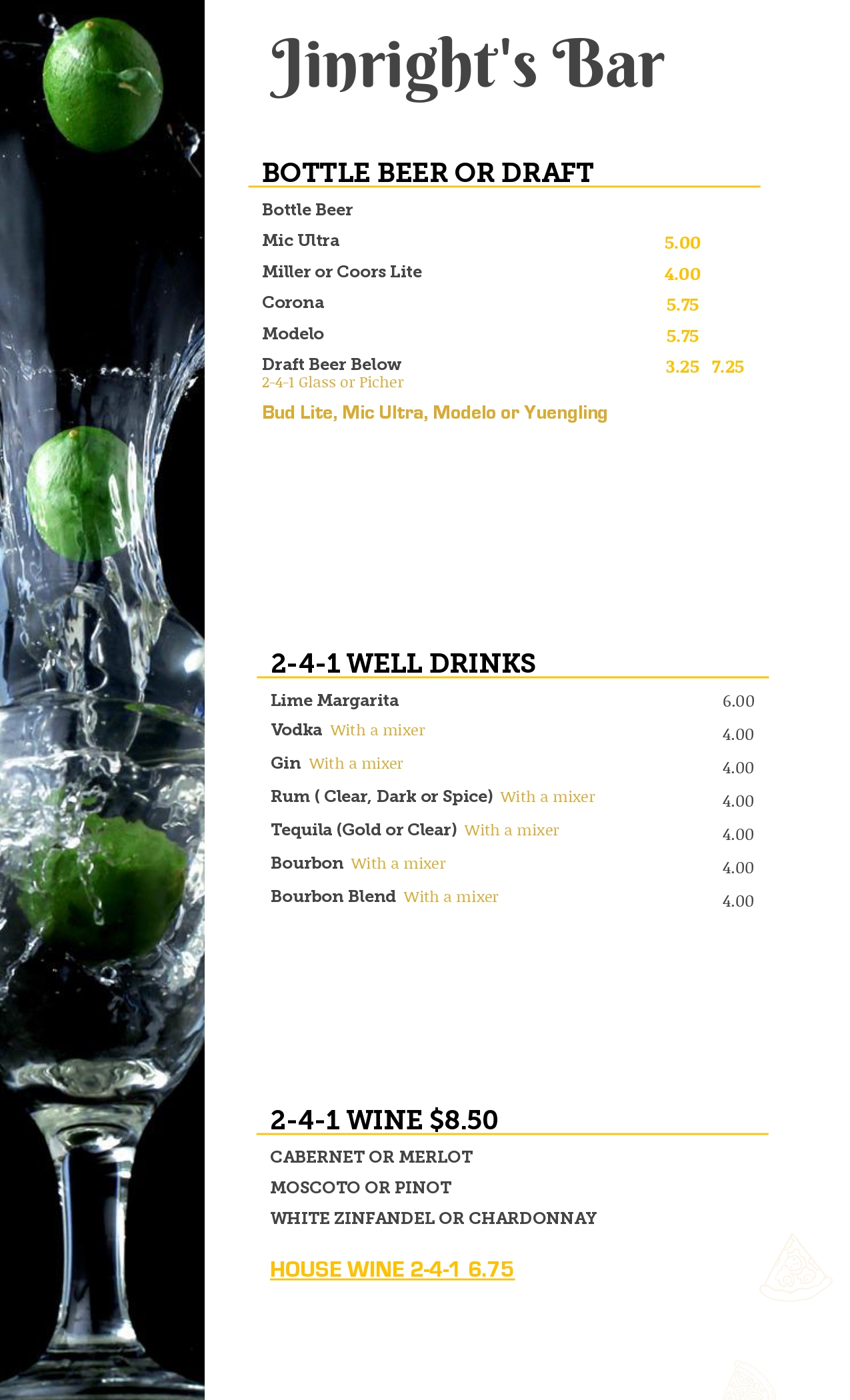 Bar and drink menu