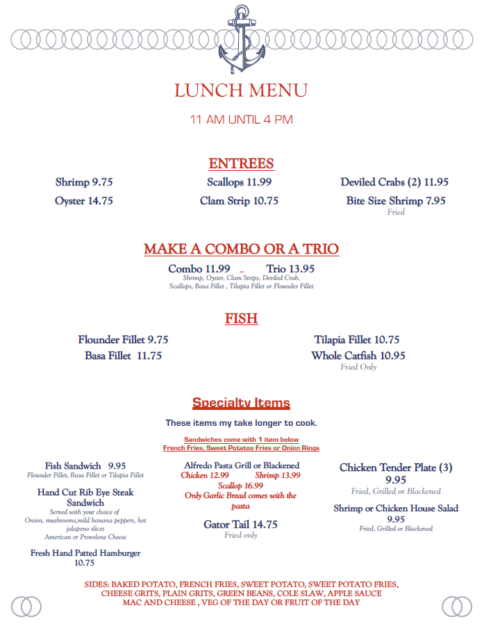 Menu Casual Seafood Place Brunswick, GA Jinright's Seafood House