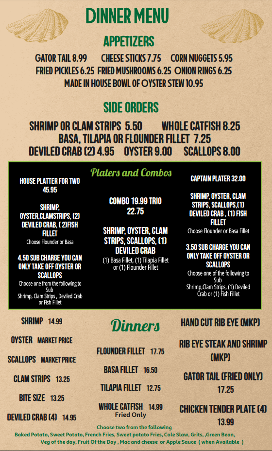 Menu Casual Seafood Place Brunswick, GA Jinright's Seafood House