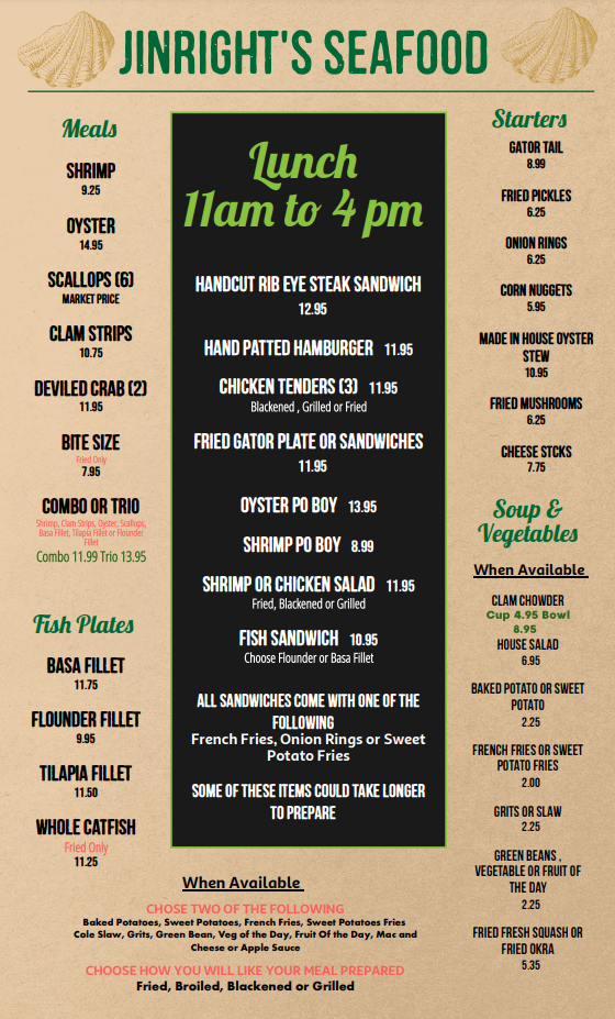 Menu Casual Seafood Place Brunswick, GA Jinright